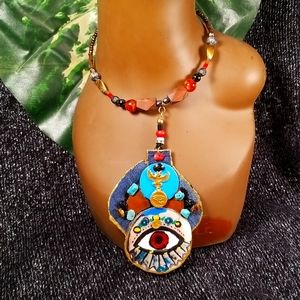 Memory wire denim fabric paper jewelry Goddess maat charm choker/necklace